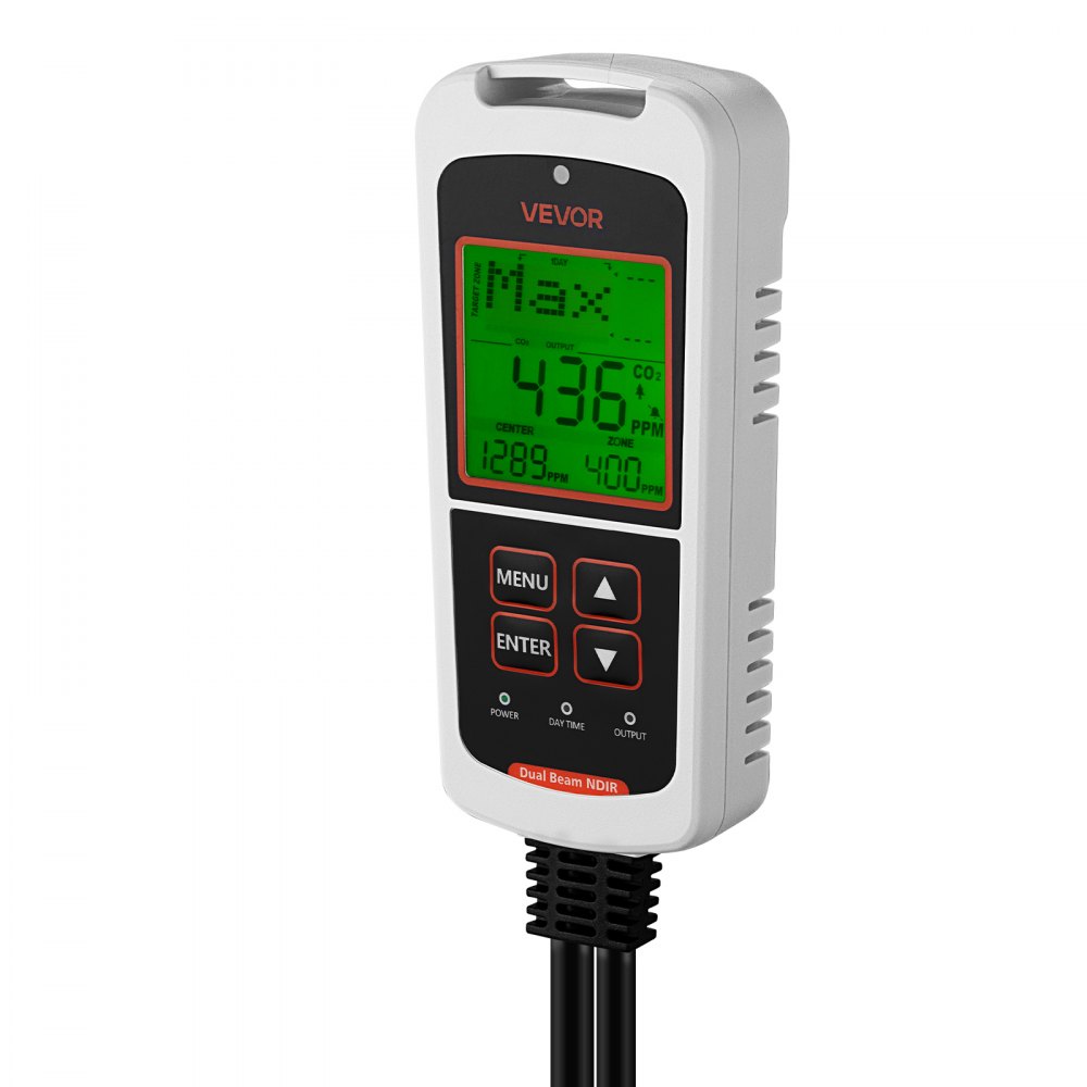 VEVOR Carbon Dioxide Monitoring Controller, Dual Outlets CO2 Monitor & Controller, Carbon Dioxide Sensor Day and Night Detection Feature, NDIR CO2 Sensor for Greenhouse, Laboratories, Classrooms, Home