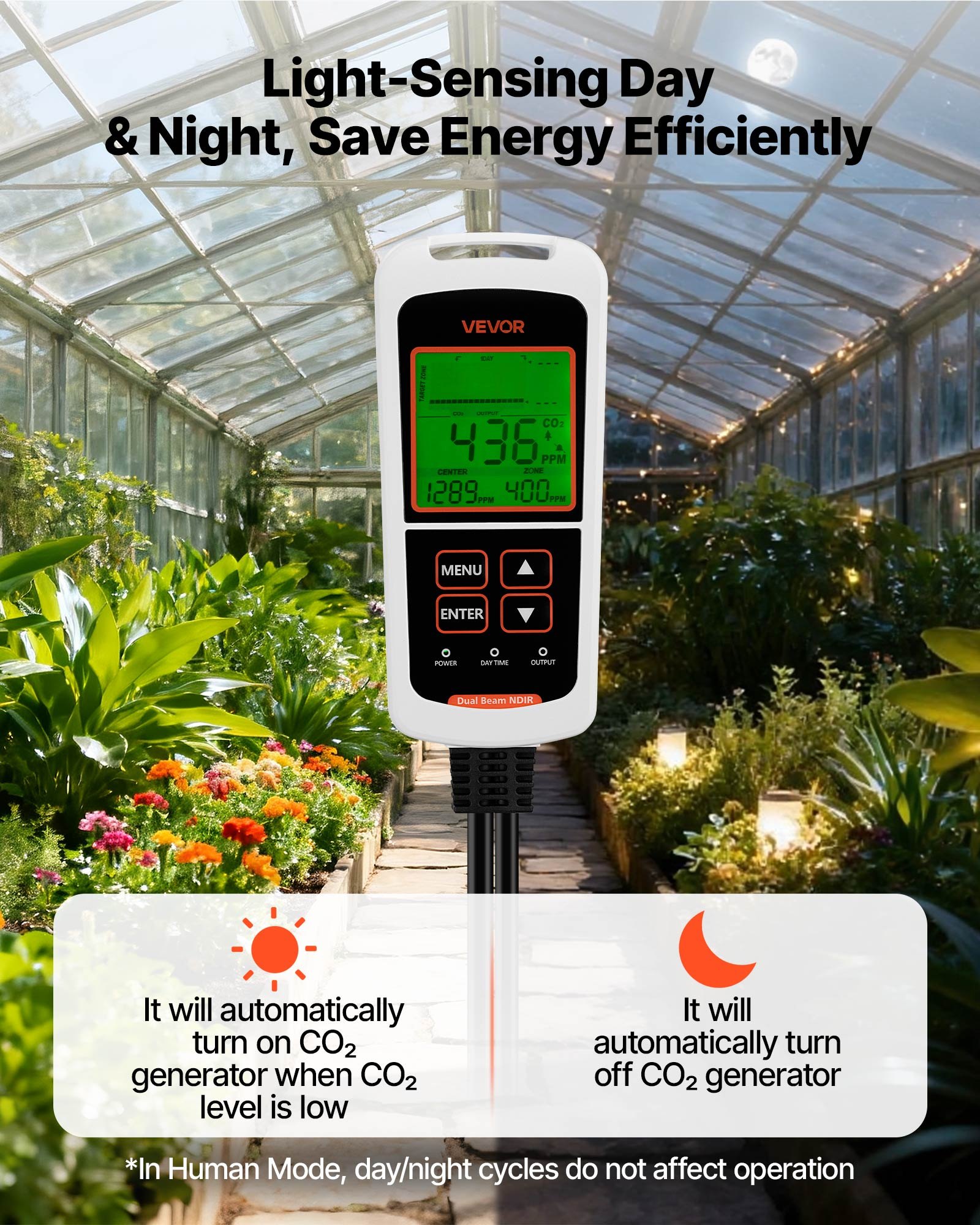 VEVOR Carbon Dioxide Monitoring Controller, Dual Outlets CO2 Monitor & Controller, Carbon Dioxide Sensor Day and Night Detection Feature, NDIR CO2 Sensor for Greenhouse, Laboratories, Classrooms, Home