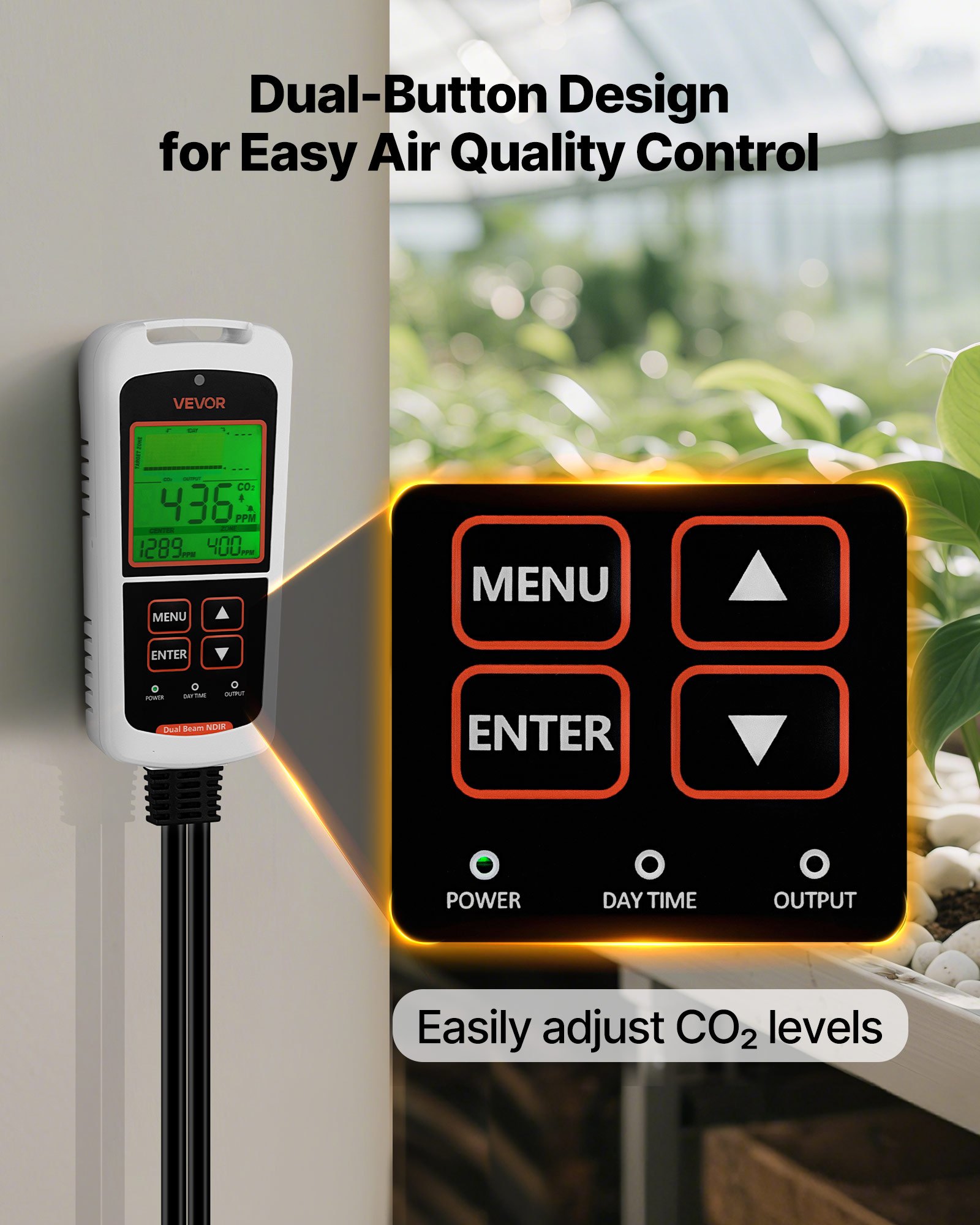 VEVOR Carbon Dioxide Monitoring Controller, Dual Outlets CO2 Monitor & Controller, Carbon Dioxide Sensor Day and Night Detection Feature, NDIR CO2 Sensor for Greenhouse, Laboratories, Classrooms, Home