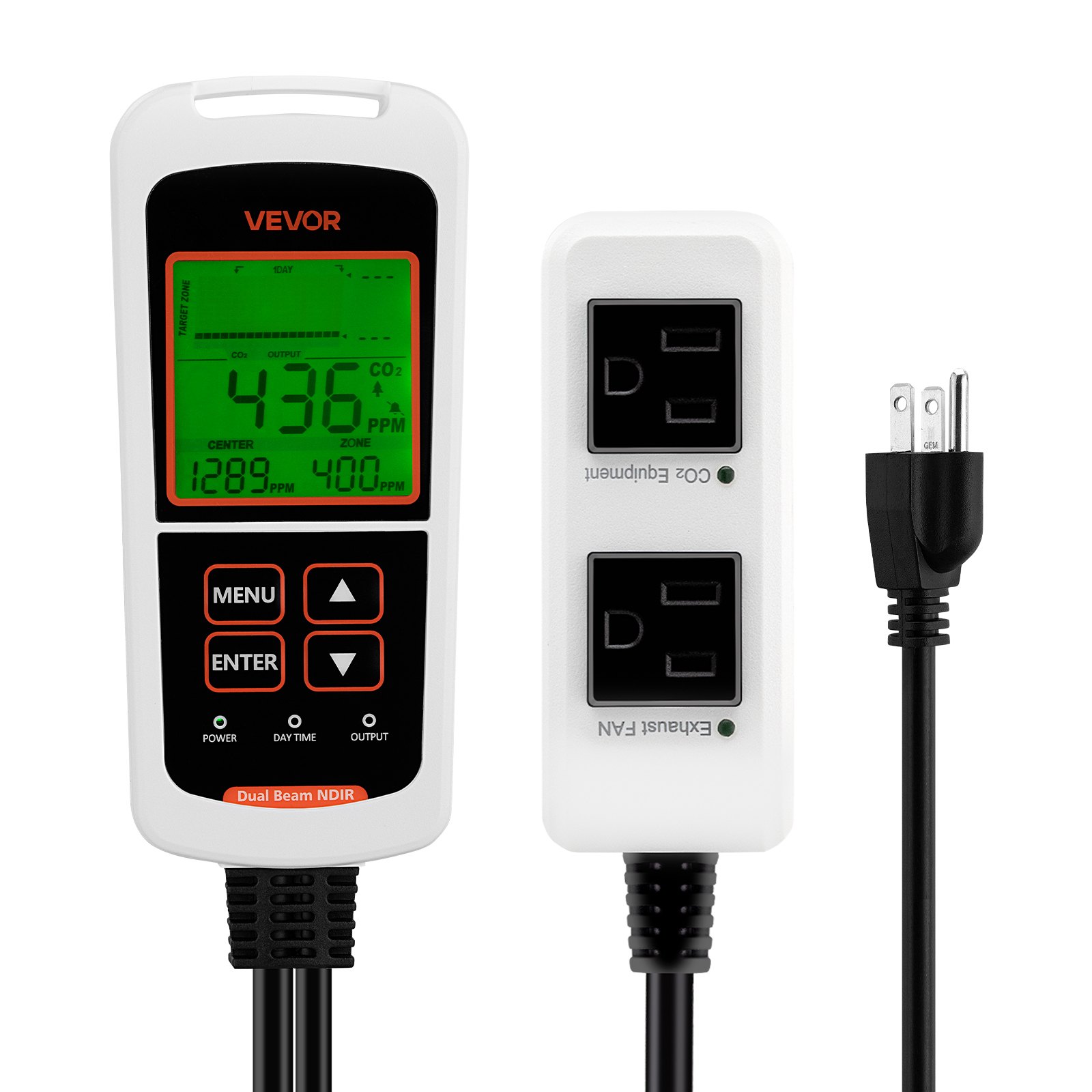 VEVOR Carbon Dioxide Monitoring Controller, Dual Outlets CO2 Monitor & Controller, Carbon Dioxide Sensor Day and Night Detection Feature, NDIR CO2 Sensor for Greenhouse, Laboratories, Classrooms, Home
