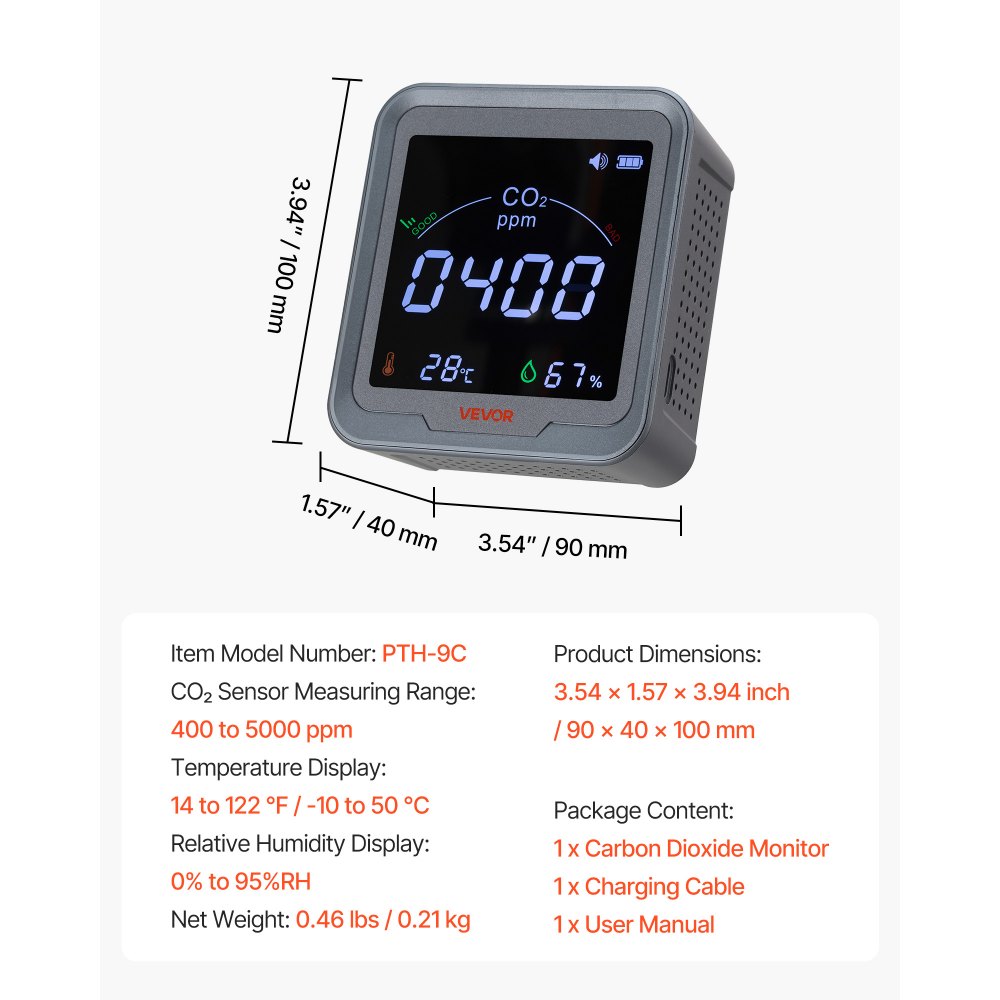 VEVOR Carbon Dioxide Monitor, CO2 Controller with Temperature and Humidity Display, NDIR Sensor, Carbon Dioxide Detector for Bedside, Home, Office, Car, Lightweight & Portable
