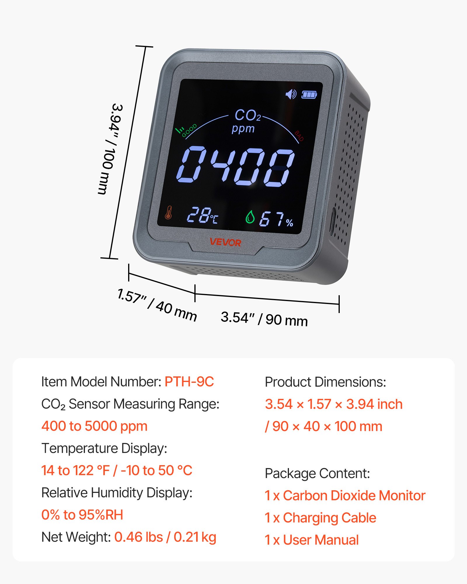 VEVOR Carbon Dioxide Monitor, CO2 Controller with Temperature and Humidity Display, NDIR Sensor, Carbon Dioxide Detector for Bedside, Home, Office, Car, Lightweight & Portable