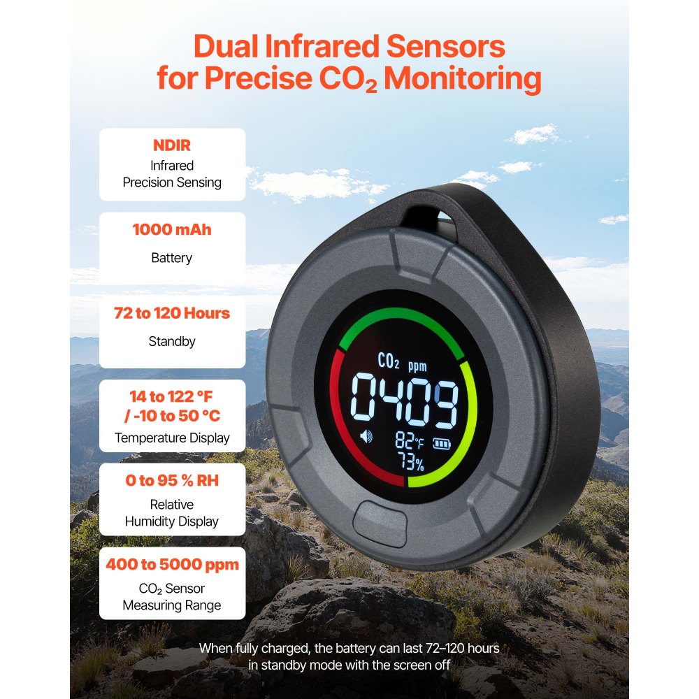 VEVOR Carbon Dioxide Monitor, CO2 Controller with Temperature and Humidity Display, NDIR Sensor Carbon Dioxide Detector, for Outdoors, Home, Office, Car, Lightweight & Portable