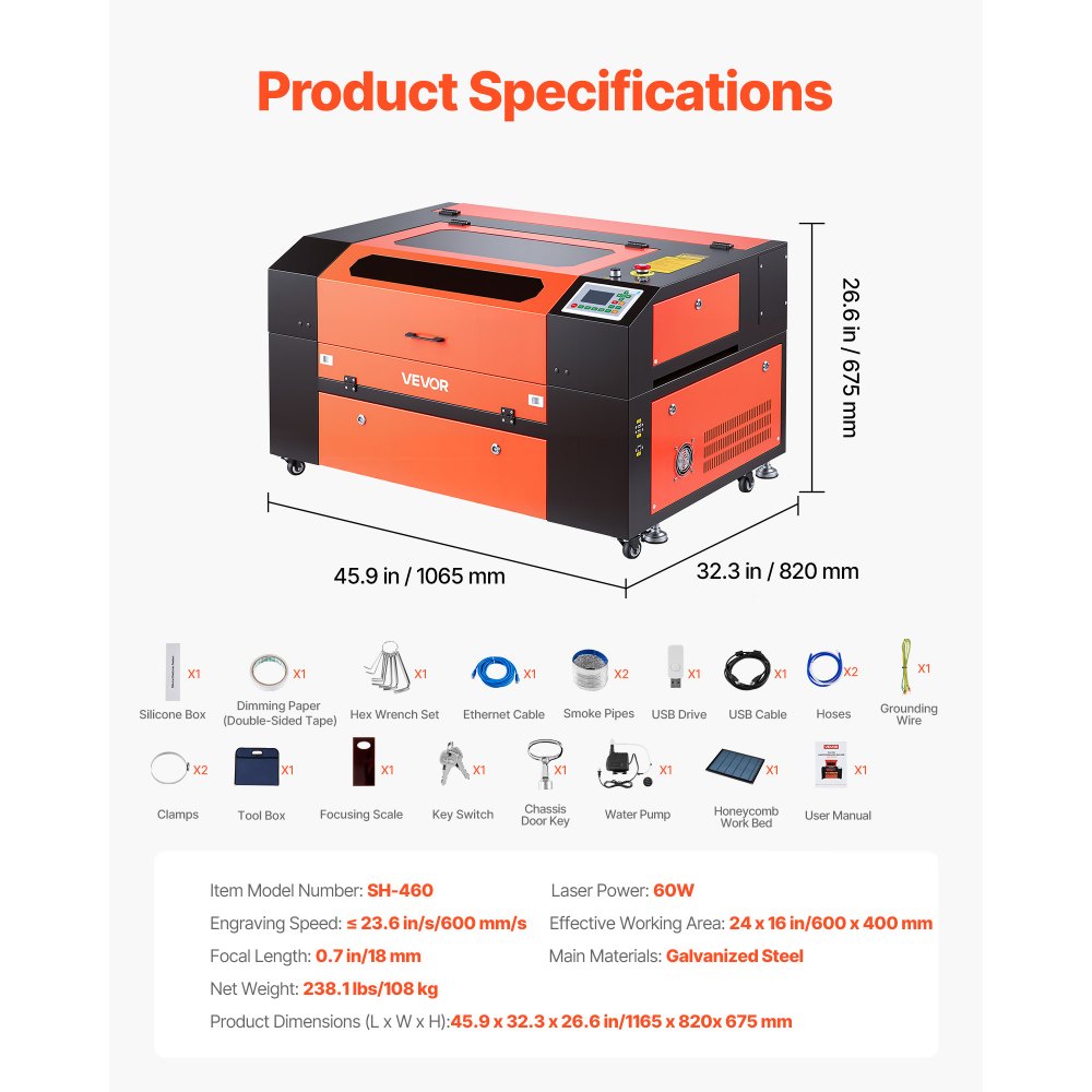 VEVOR 60W CO2 Laser Engraver, 600 x 400 mm, CO2 Laser Engraver Cutter Machine with 4 Way Pass Air Assist, Engraving Cutting Machine, Compatible with LightBurn CorelDRAW RDWorks, for Wood Acrylic Glass
