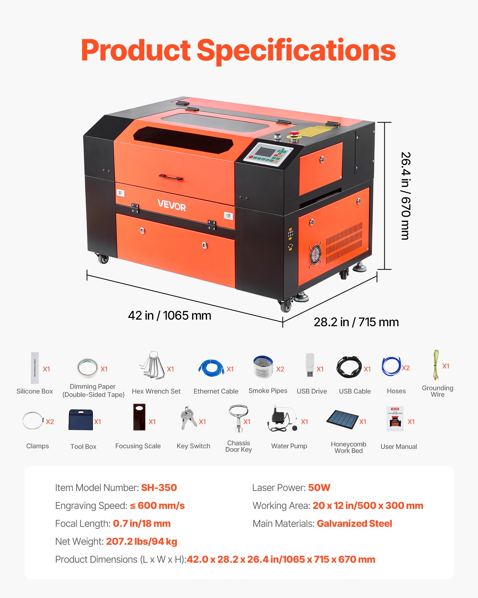 VEVOR 50W CO2 Laser Engraver, 20 x 12 in, CO2 Laser Engraver Cutter Machine with 4 Way Pass Air Assist, Engraving Cutting Machine, Compatible with LightBurn CorelDRAW RDWorks, for Wood Acrylic Glass