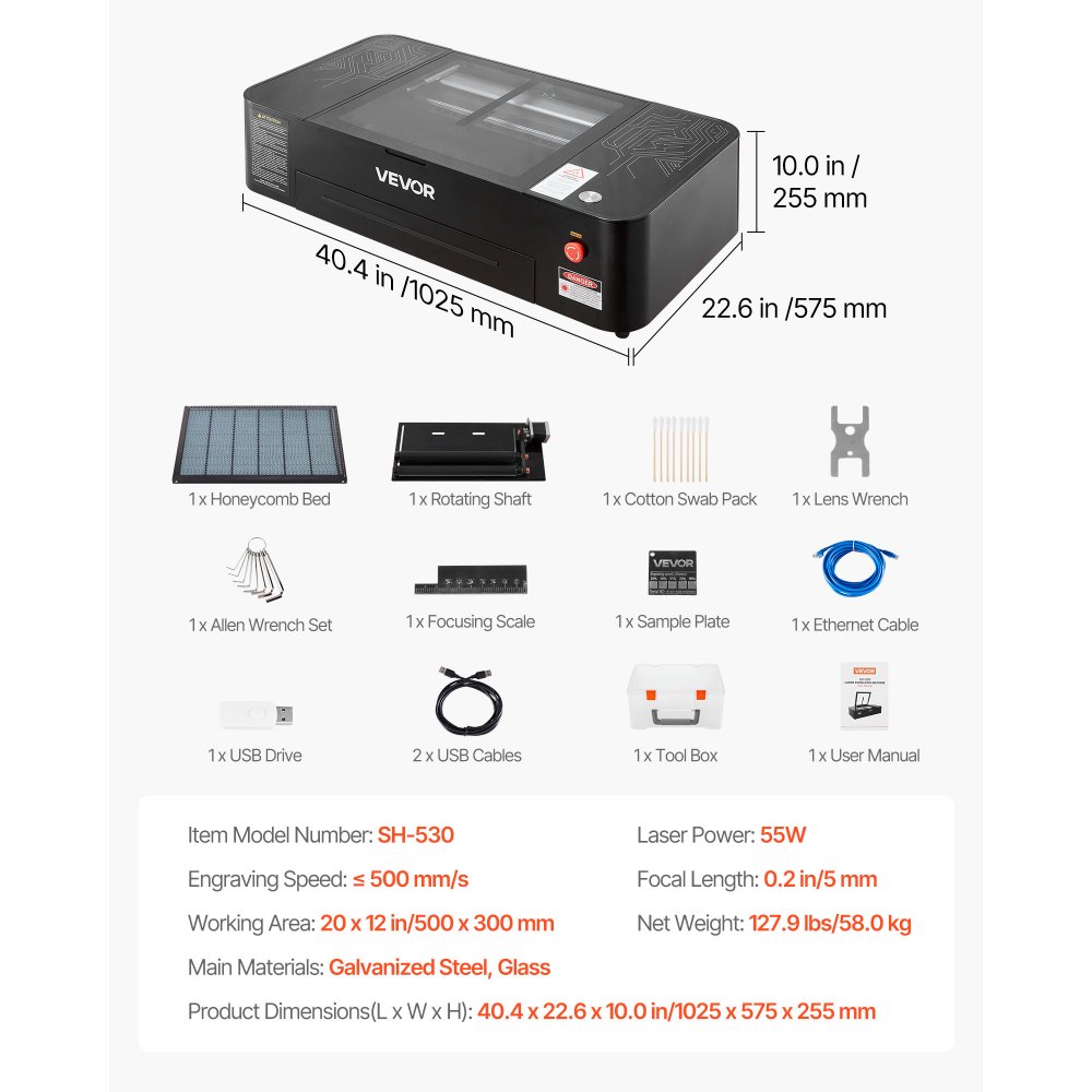 VEVOR 55W CO2 Laser Engraver, 500 x 300 mm, Desktop CO2 Laser Engraver and Cutter Machine with 16MP Camera, Water Pump, Rotary Axis, Compatible with LightBurn CorelDRAW RDWorks, for Wood Acrylic Glass