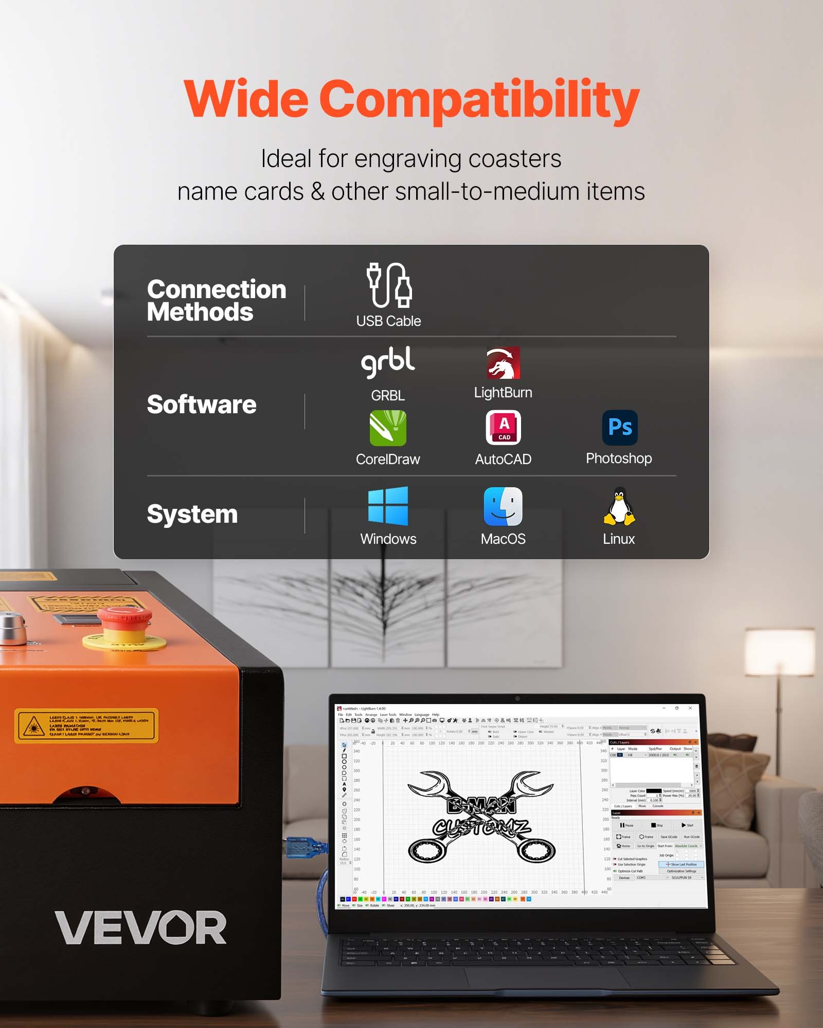 VEVOR 45W CO2 Laser Engraver, 300 x 200 mm, Desktop CO2 Laser Engraver Cutter Machine with Rotary Axis, Air Assist, Engraving Machine Compatible with LightBurn CorelDRAW GRBL, for Wood Acrylic Glass