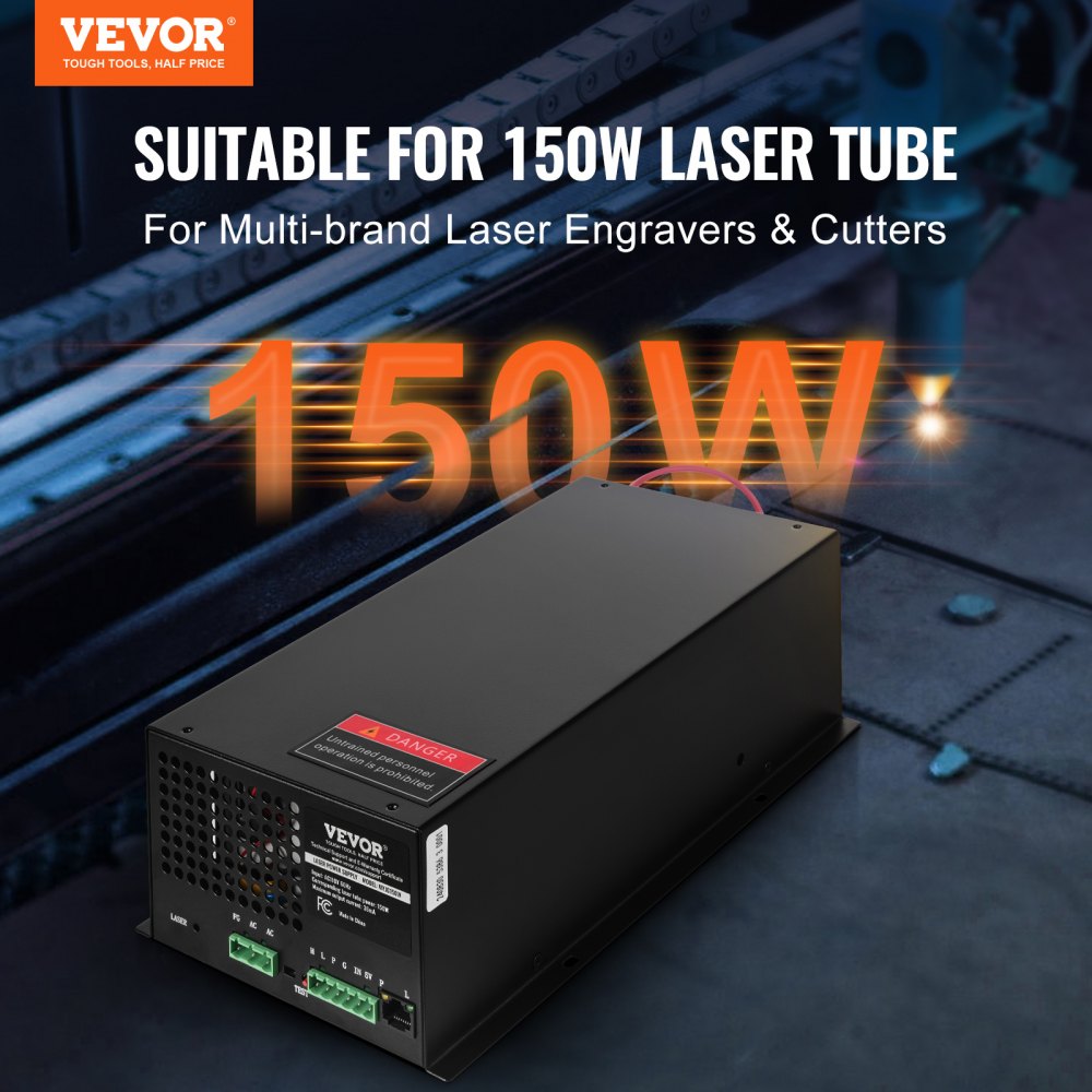 VEVOR CO2 Laser Power Supply, 150W, Power Supply for 150W Laser Tube, Constant Current Protection, Open Circuit Protection, Fast Heat Dissipation, Compatible for Multi-brand Laser Engravers & Cutters