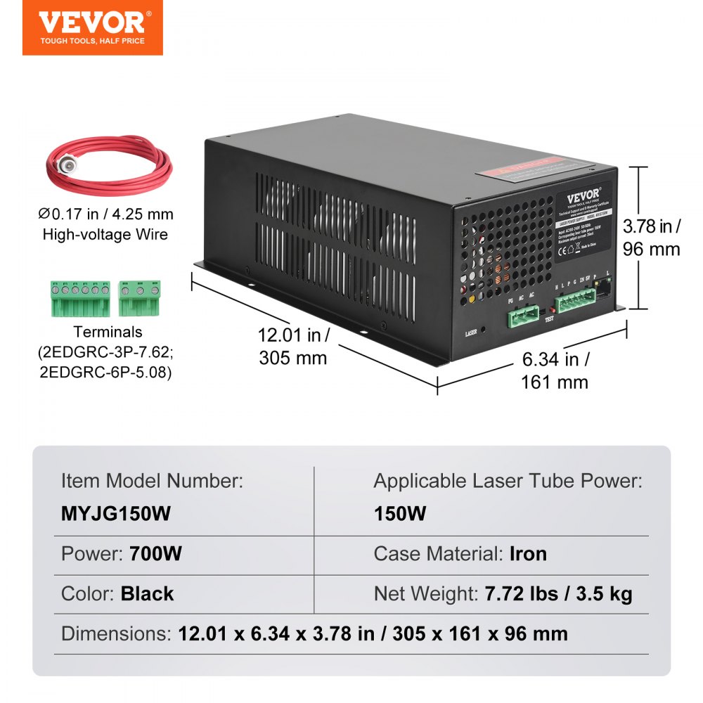 VEVOR CO2 Laser Power Supply, 150W, Power Supply for 150W Laser Tube, Constant Current Protection, Open Circuit Protection, Fast Heat Dissipation, Compatible for Multi-brand Laser Engravers & Cutters