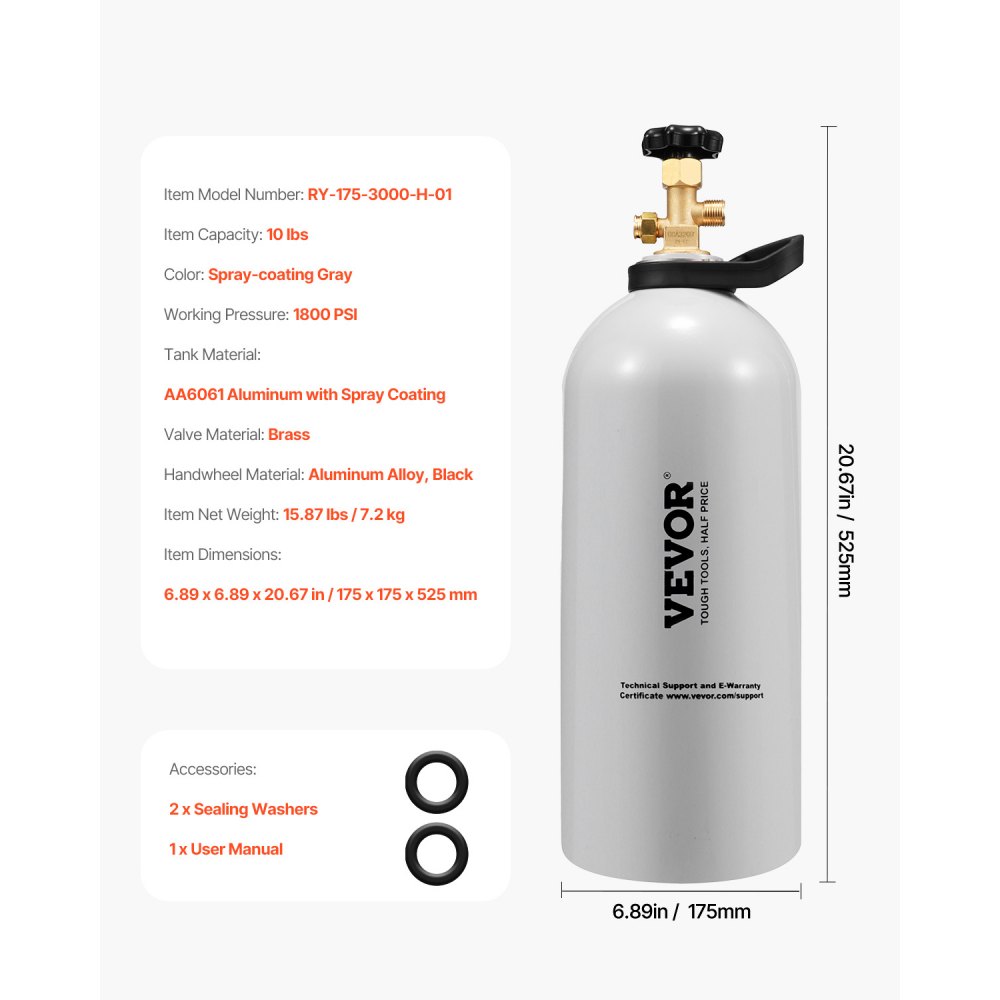 VEVOR CO2 Tank, 10 lbs New Aluminum Alloy Cylinder, CO2 Air Tank with Light Spray Coating, CGA320 Valve, Handle & Adjustable Pressure, DOT Approved Cylinder for Draft Beer Dispensing and Soda Maker