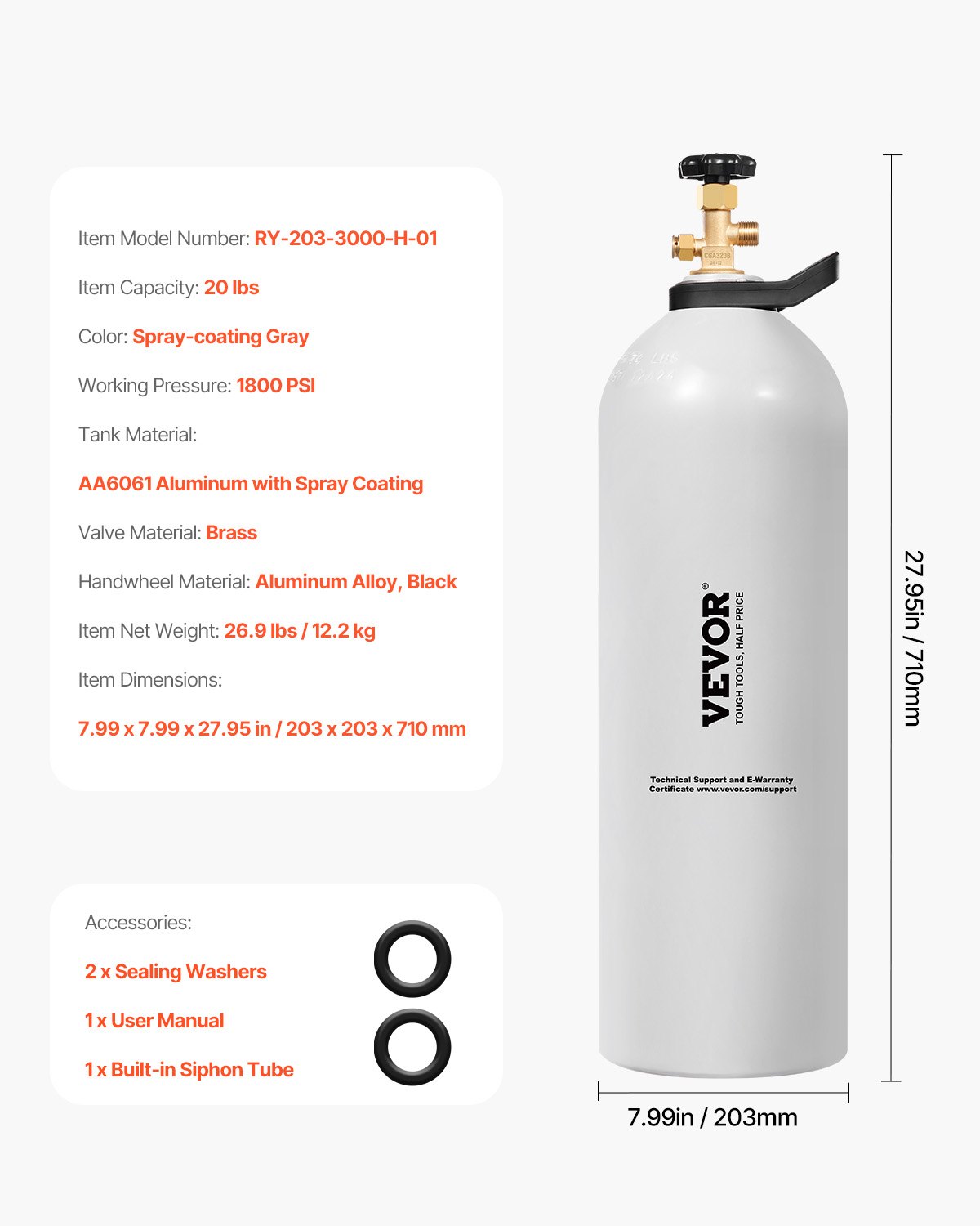 VEVOR CO2 Tank, 20 lbs New Aluminum Alloy Cylinder, CO2 Air Tank with Light Spray Coating, CGA320 Valve, Handle & Purple Copper Siphon, DOT Approved Cylinder for Draft Beer Dispensing and Soda Maker