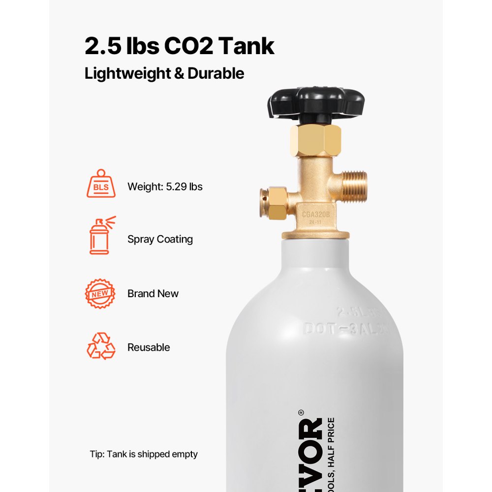 VEVOR CO2 Tank, 2.5 lbs New Aluminum Alloy Cylinder, CO2 Air Tank with Light Gray Spray Coating, CGA320 Valve & Adjustable Pressure, DOT Approved Cylinder for Draft Beer Dispensing and Soda Maker
