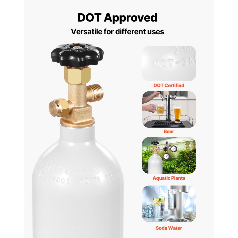 VEVOR CO2 Tank, 2.5 lbs New Aluminum Alloy Cylinder, CO2 Air Tank with Light Gray Spray Coating, CGA320 Valve & Adjustable Pressure, DOT Approved Cylinder for Draft Beer Dispensing and Soda Maker