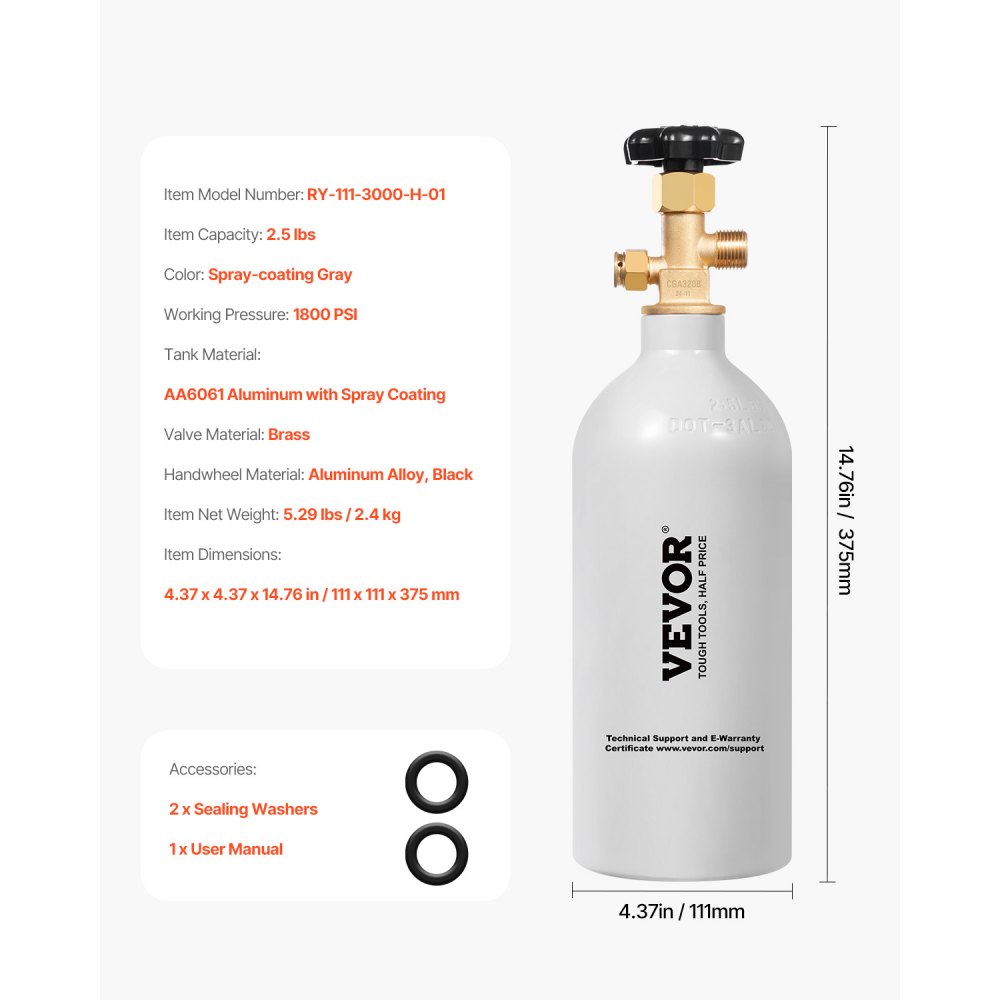 VEVOR CO2 Tank, 2.5 lbs New Aluminum Alloy Cylinder, CO2 Air Tank with Light Gray Spray Coating, CGA320 Valve & Adjustable Pressure, DOT Approved Cylinder for Draft Beer Dispensing and Soda Maker