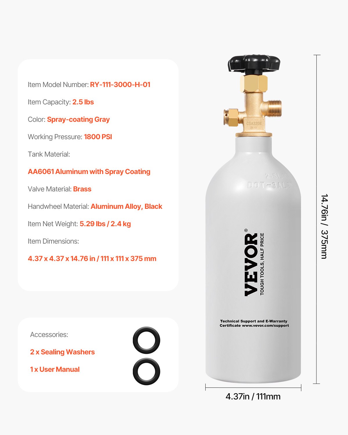 VEVOR CO2 Tank, 2.5 lbs New Aluminum Alloy Cylinder, CO2 Air Tank with Light Gray Spray Coating, CGA320 Valve & Adjustable Pressure, DOT Approved Cylinder for Draft Beer Dispensing and Soda Maker