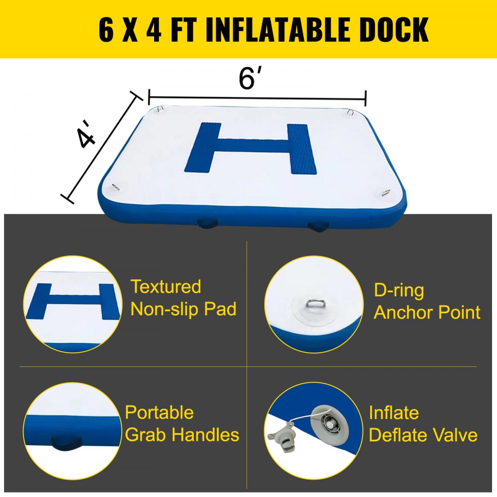 Vevor Inflatable Dock Platform Inflatable Dock 6'x4'x6" Floating Dock W/ Pump