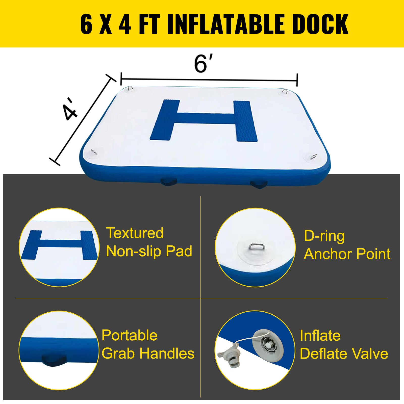 Vevor Inflatable Dock Platform Inflatable Dock 6'x4'x6" Floating Dock W/ Pump