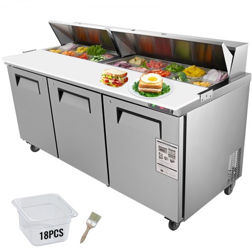 VEVOR Commercial Refrigerator, 72" Sandwich & Salad Prep Table, 17.73 Cu. Ft Stainless Steel Refrigerated Food Prep Station with 18 Pans, Cut Board, 3 Door Worktop Fridge with lock for Restaurant