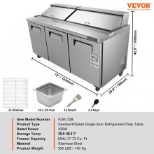 VEVOR Commercial Refrigerator, 72" Sandwich & Salad Prep Table, 17.73 Cu. Ft Stainless Steel Refrigerated Food Prep Station with 18 Pans, Cut Board, 3 Door Worktop Fridge with lock for Restaurant