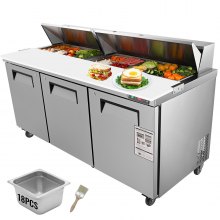 VEVOR Commercial Refrigerator, 72" Sandwich & Salad Prep Table, 17.73 Cu. Ft Stainless Steel Refrigerated Food Prep Station with 18 Pans, Cut Board, 3 Door Worktop Fridge with lock for Restaurant