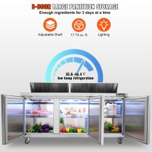 VEVOR Commercial Refrigerator, 72" Sandwich & Salad Prep Table, 17.73 Cu. Ft Stainless Steel Refrigerated Food Prep Station with 18 Pans, Cut Board, 3 Door Worktop Fridge with lock for Restaurant