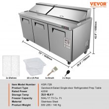 VEVOR Commercial Refrigerator, 72" Sandwich & Salad Prep Table, 17.73 Cu. Ft Stainless Steel Refrigerated Food Prep Station with 18 Pans, Cut Board, 3 Door Worktop Fridge with lock for Restaurant