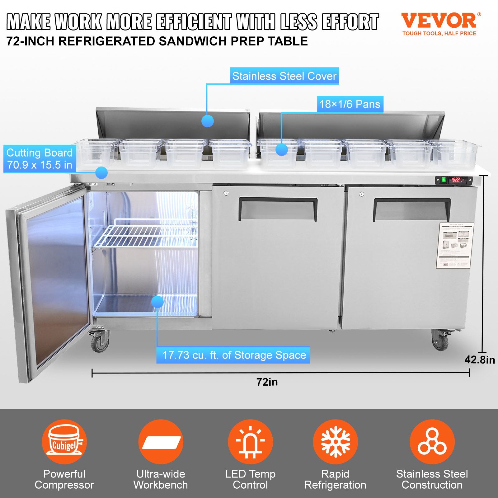 Commercial Refrigerator, 72" Sandwich & Salad Prep Table, 17.73 Cu. Ft Stainless Steel Refrigerated Food Prep Station with 18 Pans, Cut Board, 3 Door Worktop Fridge with lock for Restaurant Commercial Refrigerator, 72" Sandwich & Salad Prep Table, 17.73 Cu. Ft Stainless Steel Refrigerated Food Prep Station with 18 Pans, Cut Board, 3 Door Worktop Fridge with lock for Restaurant