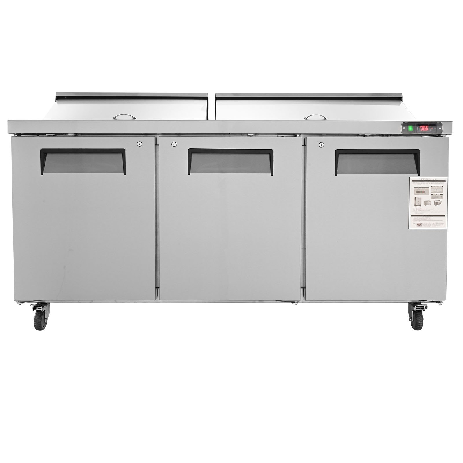 VEVOR Commercial Refrigerator, 72" Sandwich & Salad Prep Table, 17.73 Cu. Ft Stainless Steel Refrigerated Food Prep Station with 18 Pans, Cut Board, 3 Door Worktop Fridge with lock for Restaurant