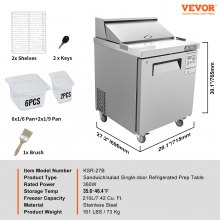 VEVOR Sandwich Prep Table, 7.42 Cu. Ft. Salad Single-door Refrigerated Prep Table, 28-inch Food Prep Fridge, Commercial Stainless Steel Prep Refrigerator Table for Restaurant, Bar, Shop, Silver