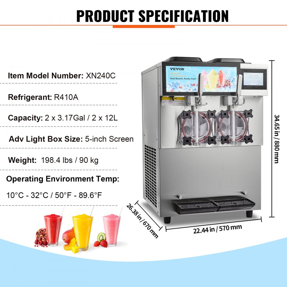 VEVOR Commercial Slushy Machine, 2 x 12L / 3.17 Gal Double Tanks, Cool and Freeze Modes, Stainless Steel Margarita Smoothie Frozen Drink Maker, Slushie Machine for Party Cafes Restaurants Bars Home