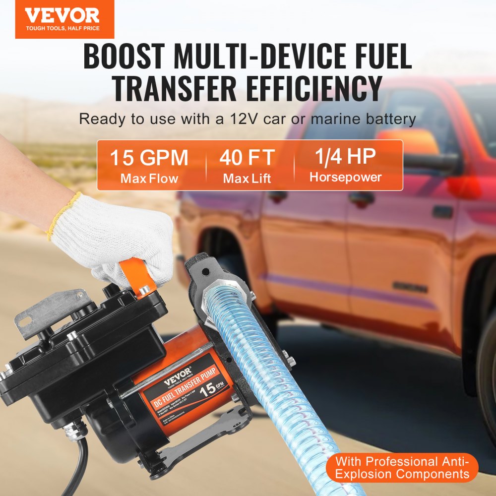 VEVOR Fuel Transfer Pump, 12V DC 57L/min(15 GPM) 186W(1/4 HP), Portable Electric Diesel Transfer Pump with Auto Shut-Off Fuel Nozzle, Long Inlet & Outlet Hose for Gasoline, Diesel, Kerosene, Methanol Blends