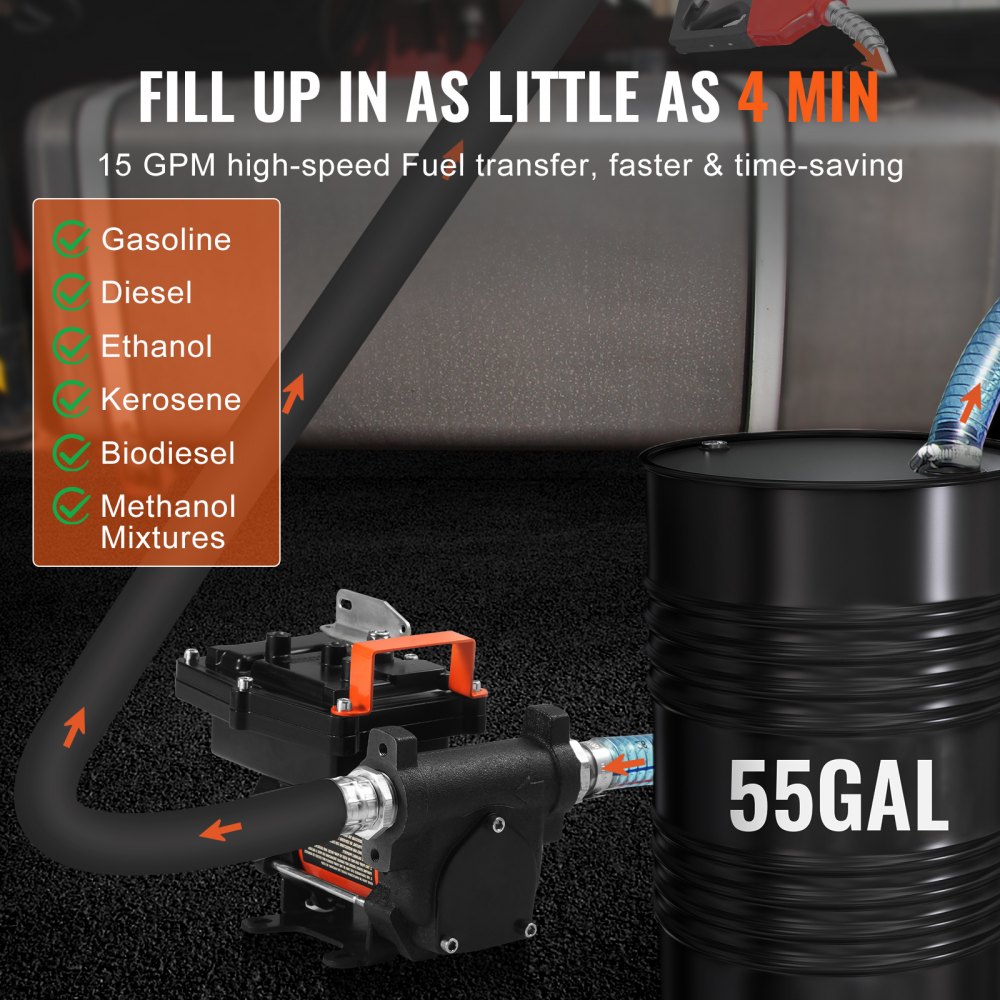 VEVOR Fuel Transfer Pump, 12V DC 57L/min(15 GPM) 186W(1/4 HP), Portable Electric Diesel Transfer Pump with Auto Shut-Off Fuel Nozzle, Long Inlet & Outlet Hose for Gasoline, Diesel, Kerosene, Methanol Blends