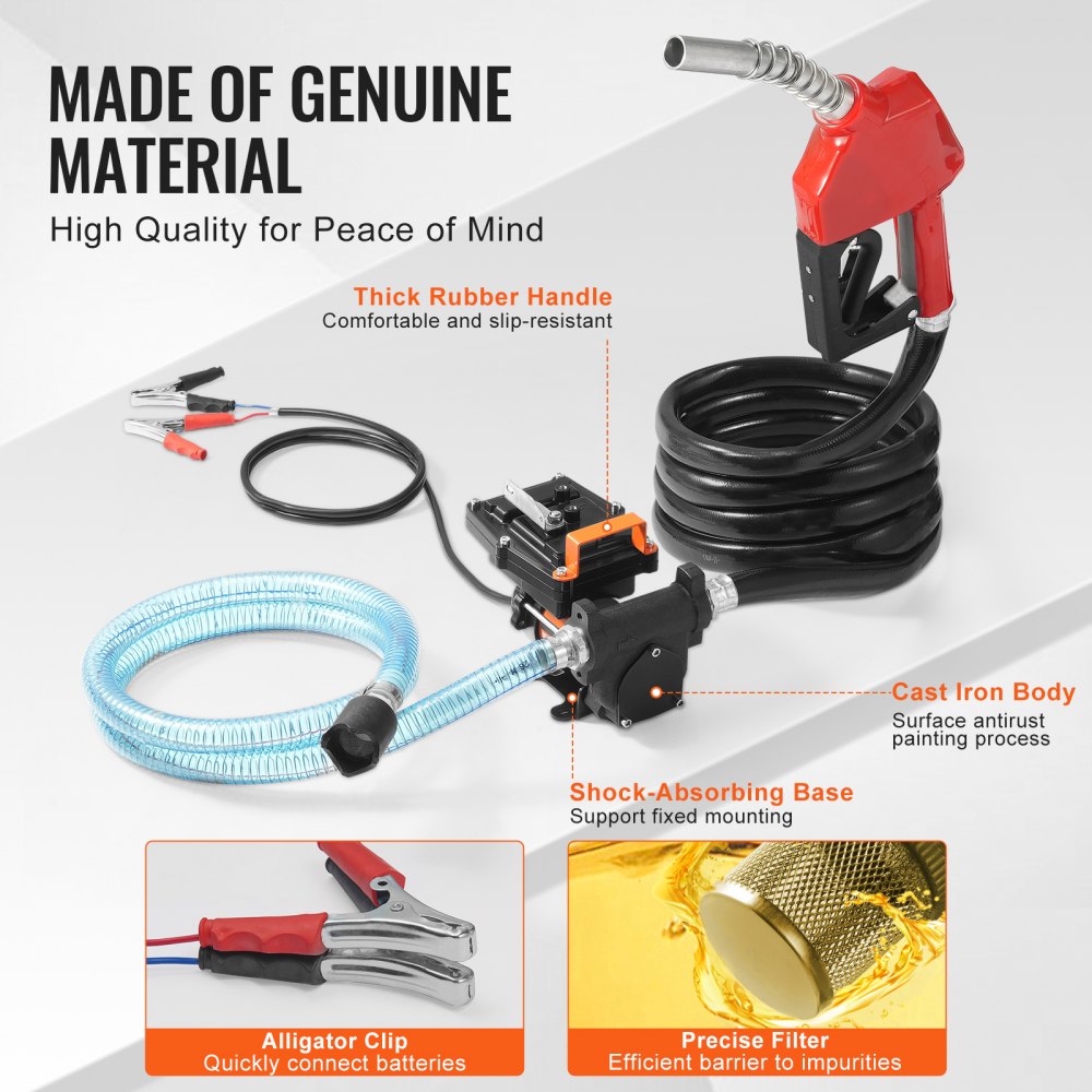VEVOR Fuel Transfer Pump, 12V DC 57L/min(15 GPM) 186W(1/4 HP), Portable Electric Diesel Transfer Pump with Auto Shut-Off Fuel Nozzle, Long Inlet & Outlet Hose for Gasoline, Diesel, Kerosene, Methanol Blends