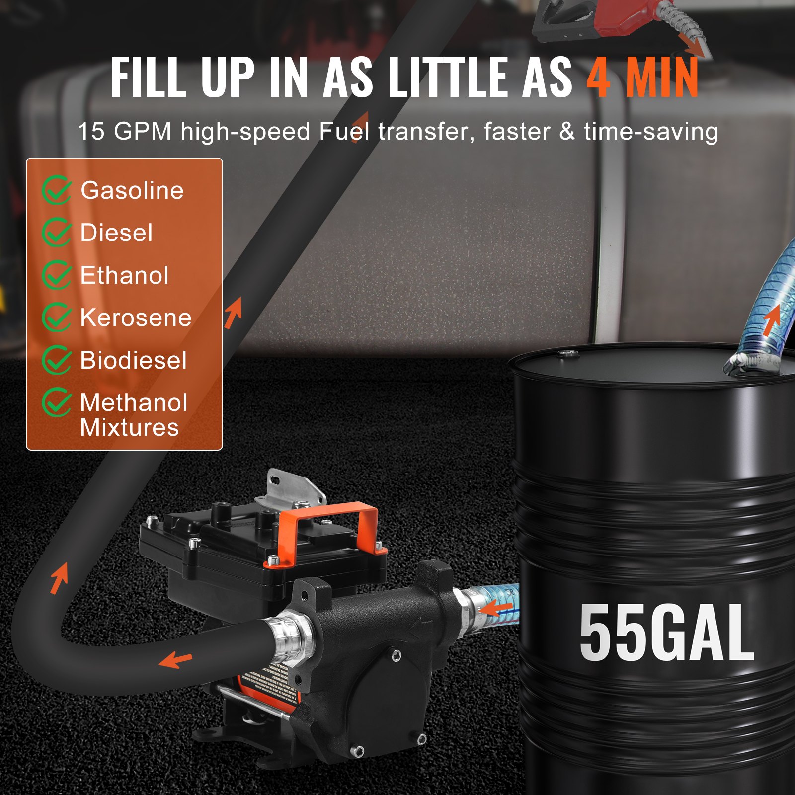 VEVOR Fuel Transfer Pump, 12V DC 57L/min(15 GPM) 186W(1/4 HP), Portable Electric Diesel Transfer Pump with Auto Shut-Off Fuel Nozzle, Long Inlet & Outlet Hose for Gasoline, Diesel, Kerosene, Methanol Blends