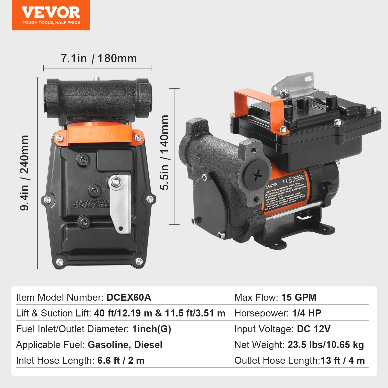 VEVOR Fuel Transfer Pump, 12V DC 57L/min(15 GPM) 186W(1/4 HP), Portable Electric Diesel Transfer Pump with Auto Shut-Off Fuel Nozzle, Long Inlet & Outlet Hose for Gasoline, Diesel, Kerosene, Methanol Blends