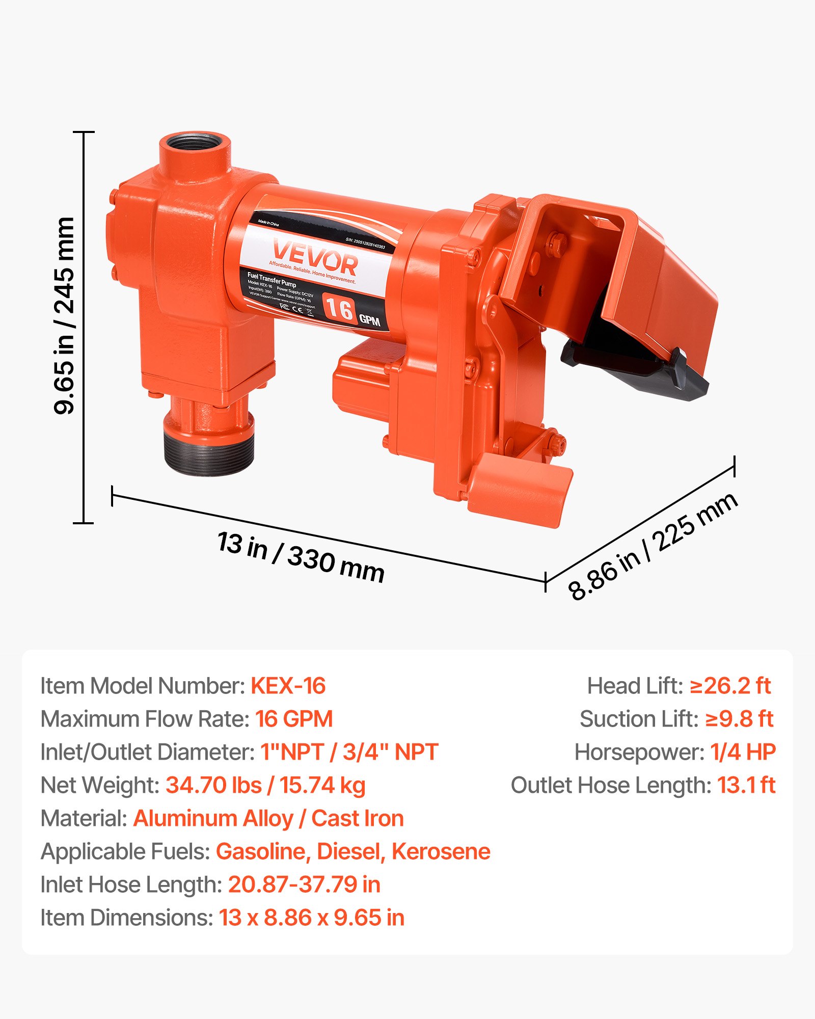 VEVOR Fuel Transfer Pump, 12V DC 61 L/min(16 GPM) 186W(1/4 HP) Diesel Pump, Extractor Pumps with Manual Nozzle, Discharge Hose and Suction Pipe, for Gasoline, Diesel, Kerosene, Ethanol-Methanol Blends & Biodiesel