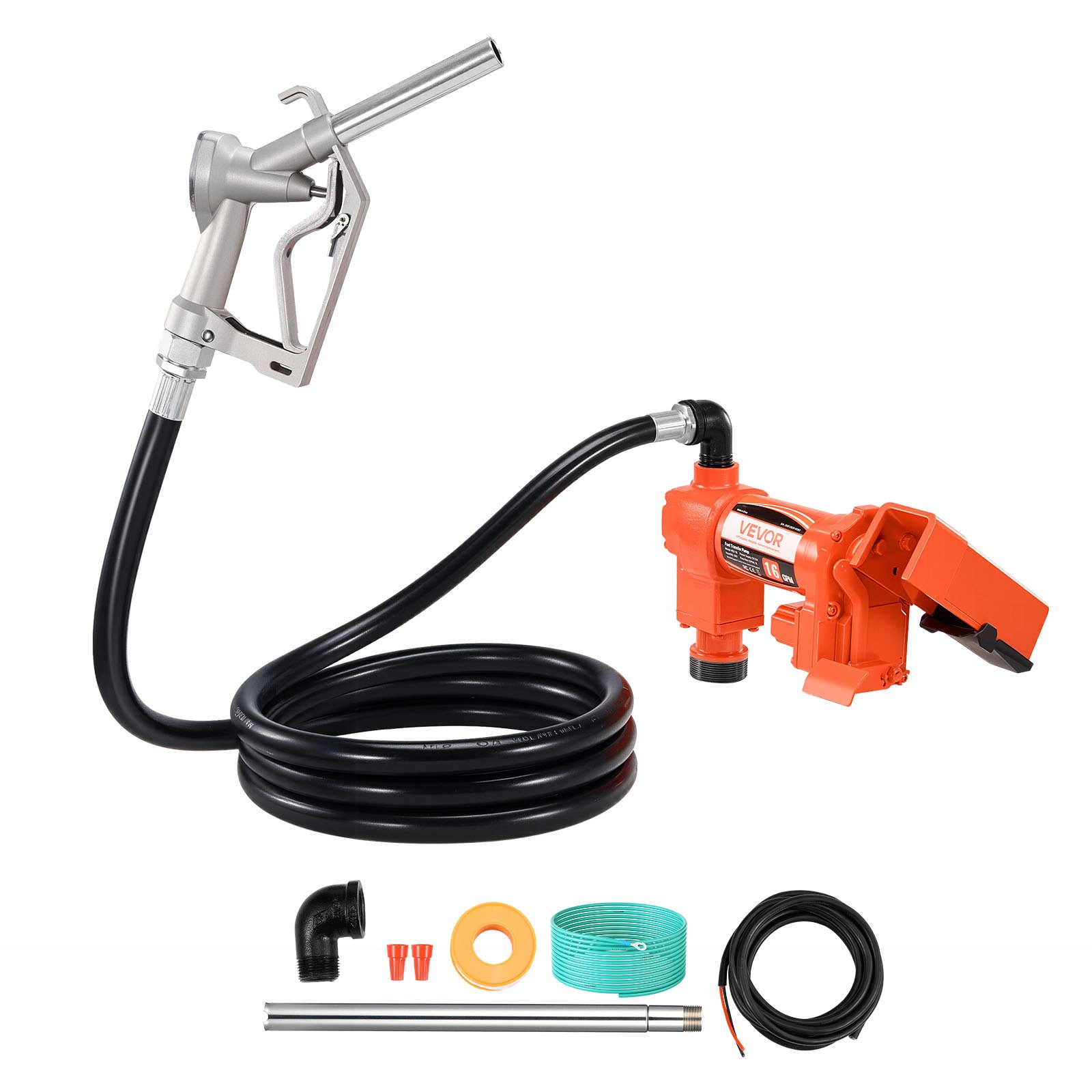 VEVOR Fuel Transfer Pump, 12V DC 61 L/min(16 GPM) 186W(1/4 HP) Diesel Pump, Extractor Pumps with Manual Nozzle, Discharge Hose and Suction Pipe, for Gasoline, Diesel, Kerosene, Ethanol-Methanol Blends & Biodiesel
