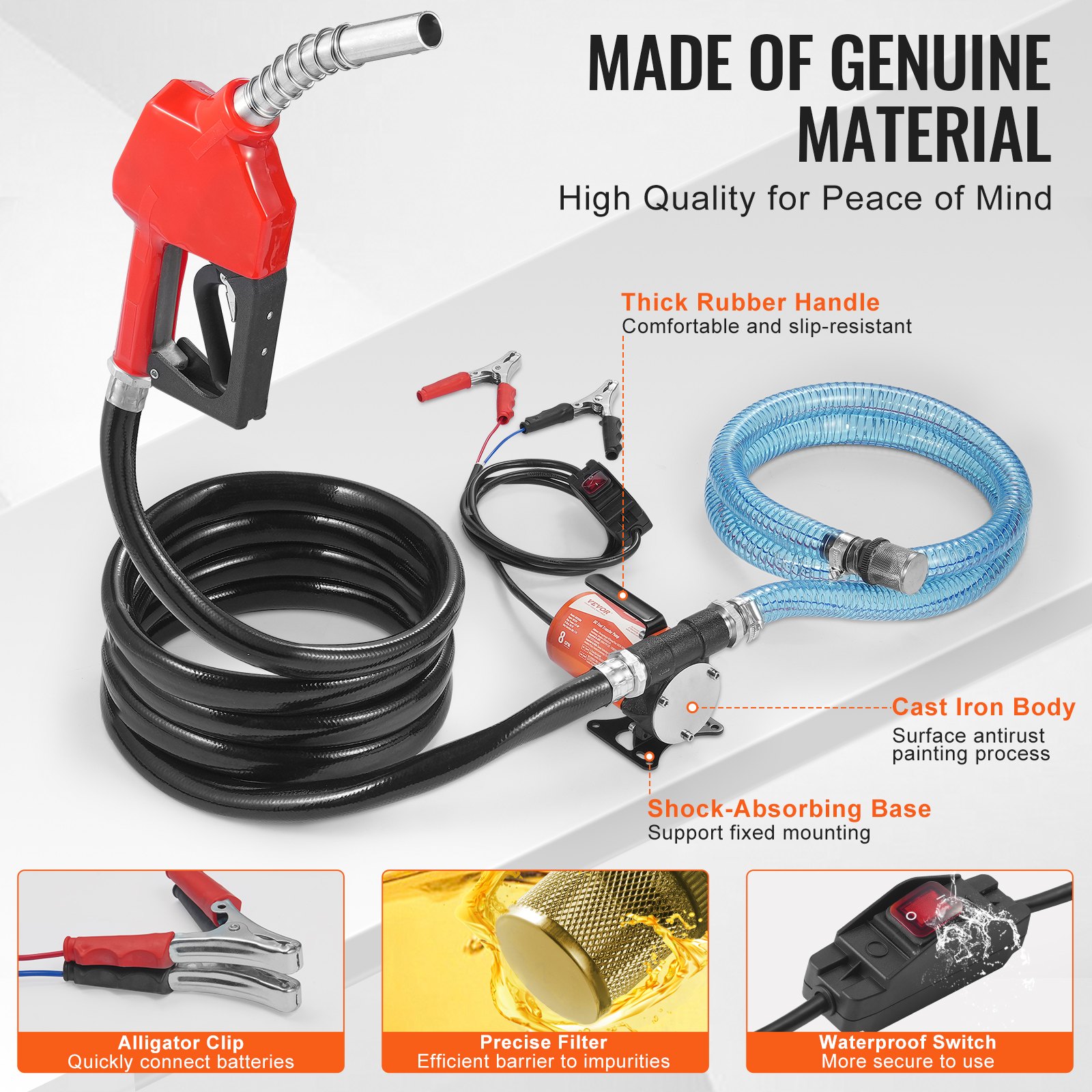 VEVOR Fuel Transfer Pump, 12V DC 8 GPM 1/6 HP, Portable Electric Diesel Transfer Pump with Auto Shut-Off Fuel Nozzle, Long Inlet & Outlet Hose for Gasoline, Diesel, Kerosene, Methanol Blends