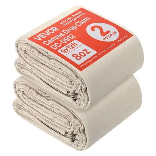 VEVOR Canvas Drop Cloth, 9x12 ft Pack of 2, Painters Drop Cloth for Painting, 8oz All Purpose Canvas Tarp for Furniture & Floor Protection, Cotton Fabric Paint Tarp for Curtains, Washable & Reusable