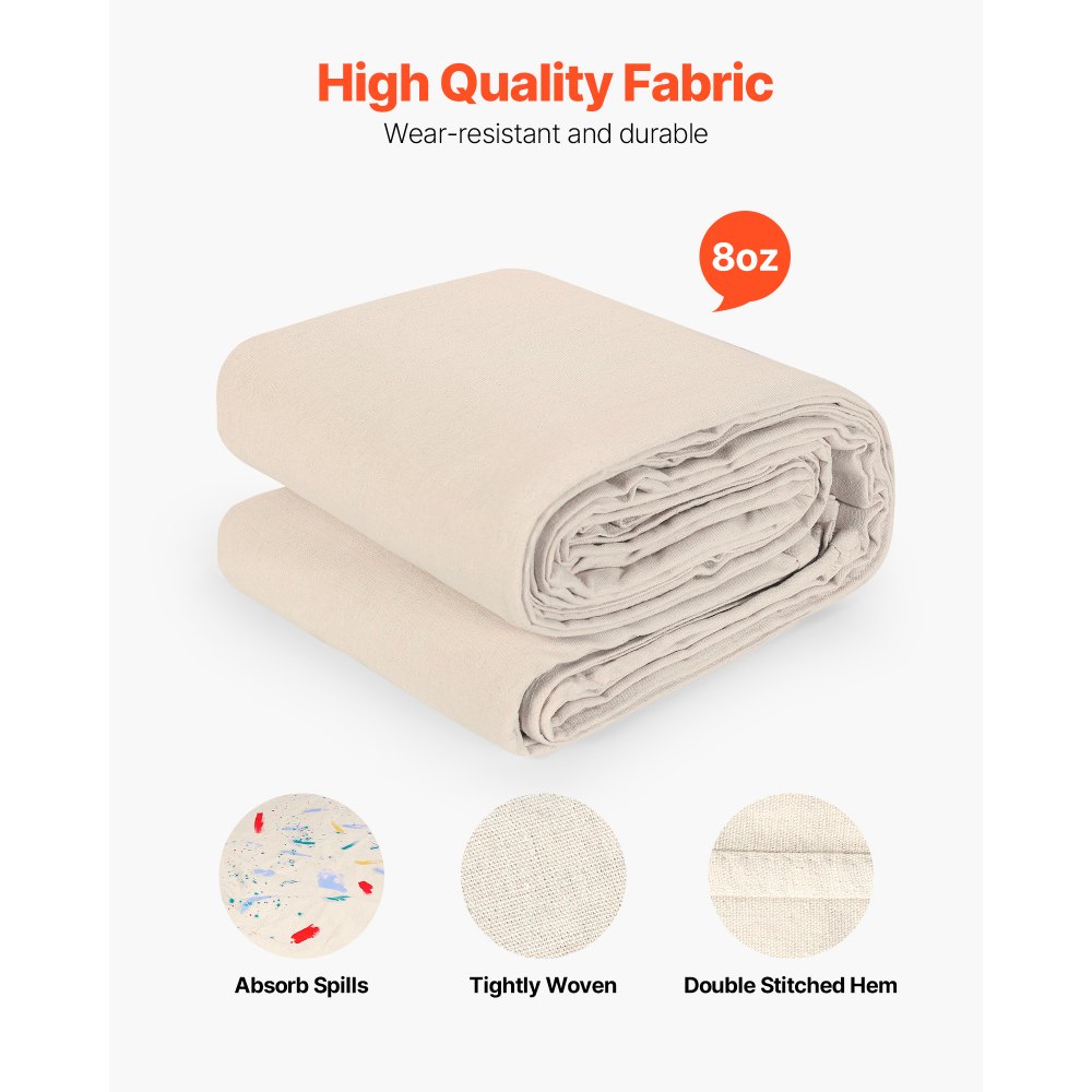 VEVOR Canvas Drop Cloth, 9x12 ft Pack of 2, Painters Drop Cloth for Painting, 8oz All Purpose Canvas Tarp for Furniture & Floor Protection, Cotton Fabric Paint Tarp for Curtains, Washable & Reusable