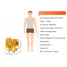 VEVOR Portable Ventilator, 16" Heavy Duty Cylinder Fan, 1100W Strong Shop Exhaust Fan 4240CFM, 16.4ft Power Cord (No charging head), Industrial Utility Blower for Sucking Dust, Smoke Home/Workplace
