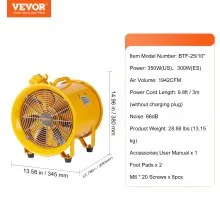 VEVOR Portable Ventilator, 10" Heavy Duty Cylinder Fan, 350W Strong Shop Exhaust Fan 1942CFM, 9.8ft Power Cord (No charging head), Industrial Utility Blower for Sucking Dust, Smoke Home/Workplace
