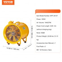 VEVOR Portable Ventilator, 254mm/10inch Heavy Duty Cylinder Fan, 350W Strong Shop Exhaust Fan 1942CFM, 3m Power Cord (No charging head), Industrial Utility Blower for Sucking Dust, Smoke Home/Workplace
