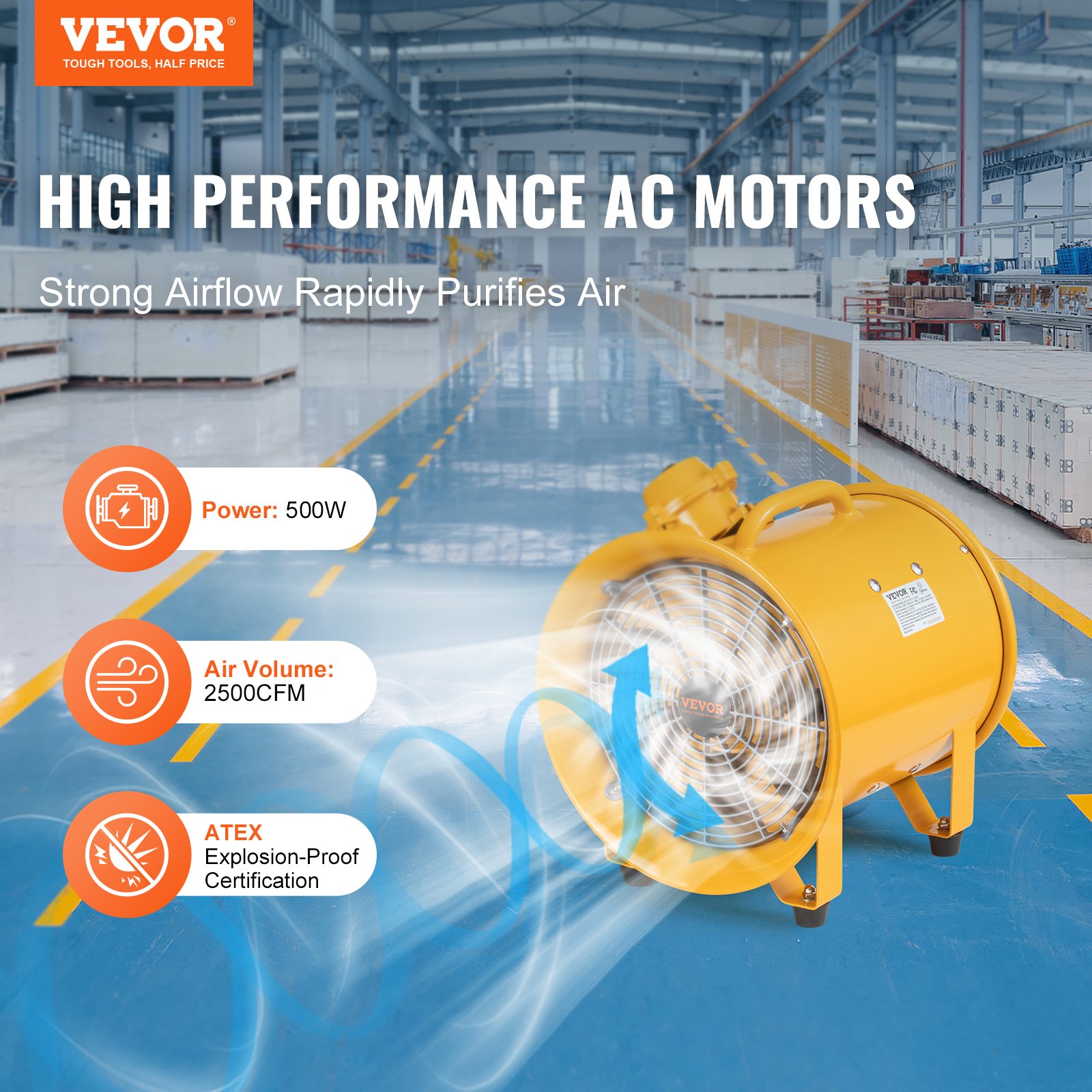 VEVOR Portable Ventilator, 304.8mm Heavy Duty Cylinder Fan, 500W Strong Shop Exhaust Fan 2500CFM, 3m Power Cord (No charging head), Industrial Utility Blower for Sucking Dust, Smoke Home/Workplace