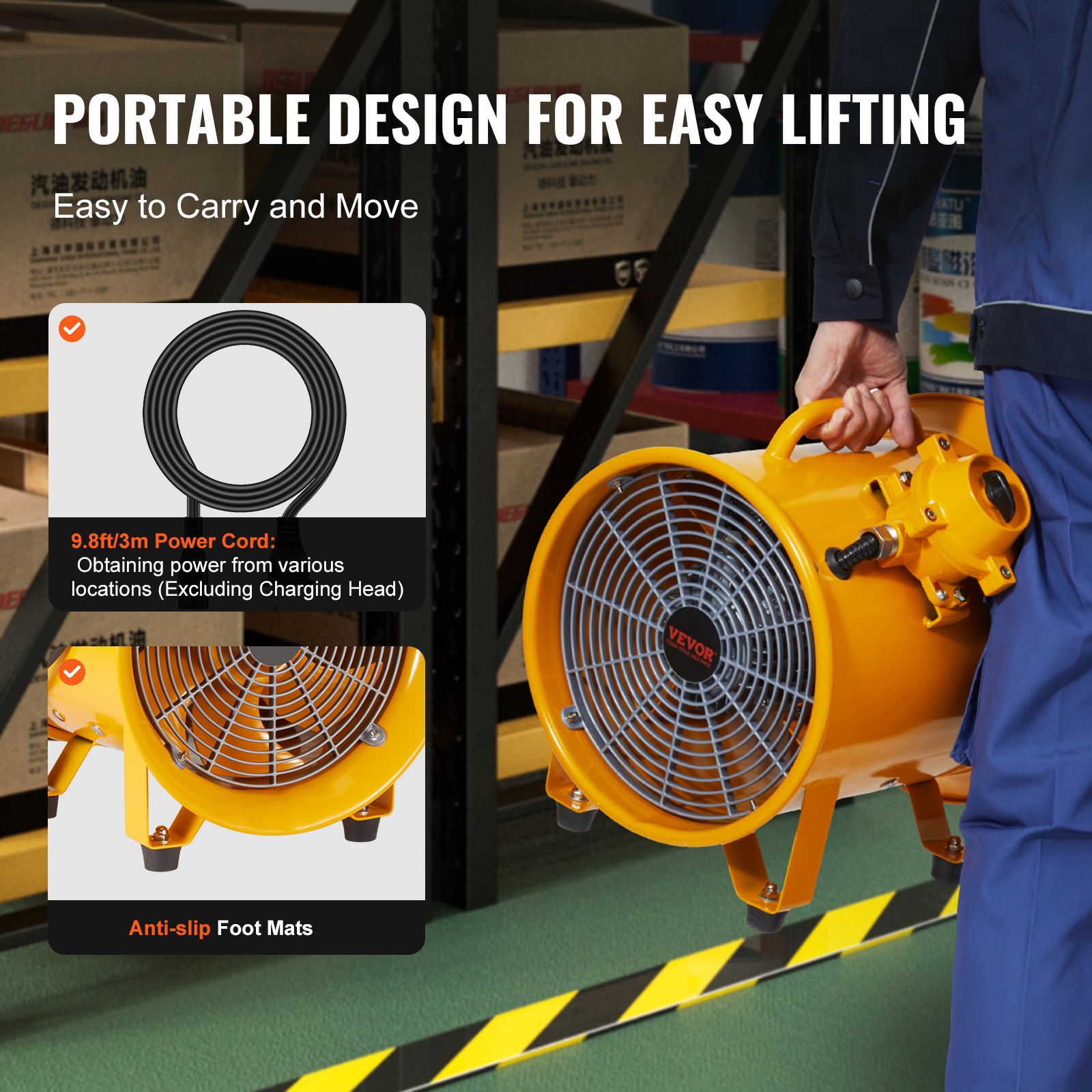 VEVOR Portable Ventilator, 304.8mm Heavy Duty Cylinder Fan, 500W Strong Shop Exhaust Fan 2500CFM, 3m Power Cord (No charging head), Industrial Utility Blower for Sucking Dust, Smoke Home/Workplace