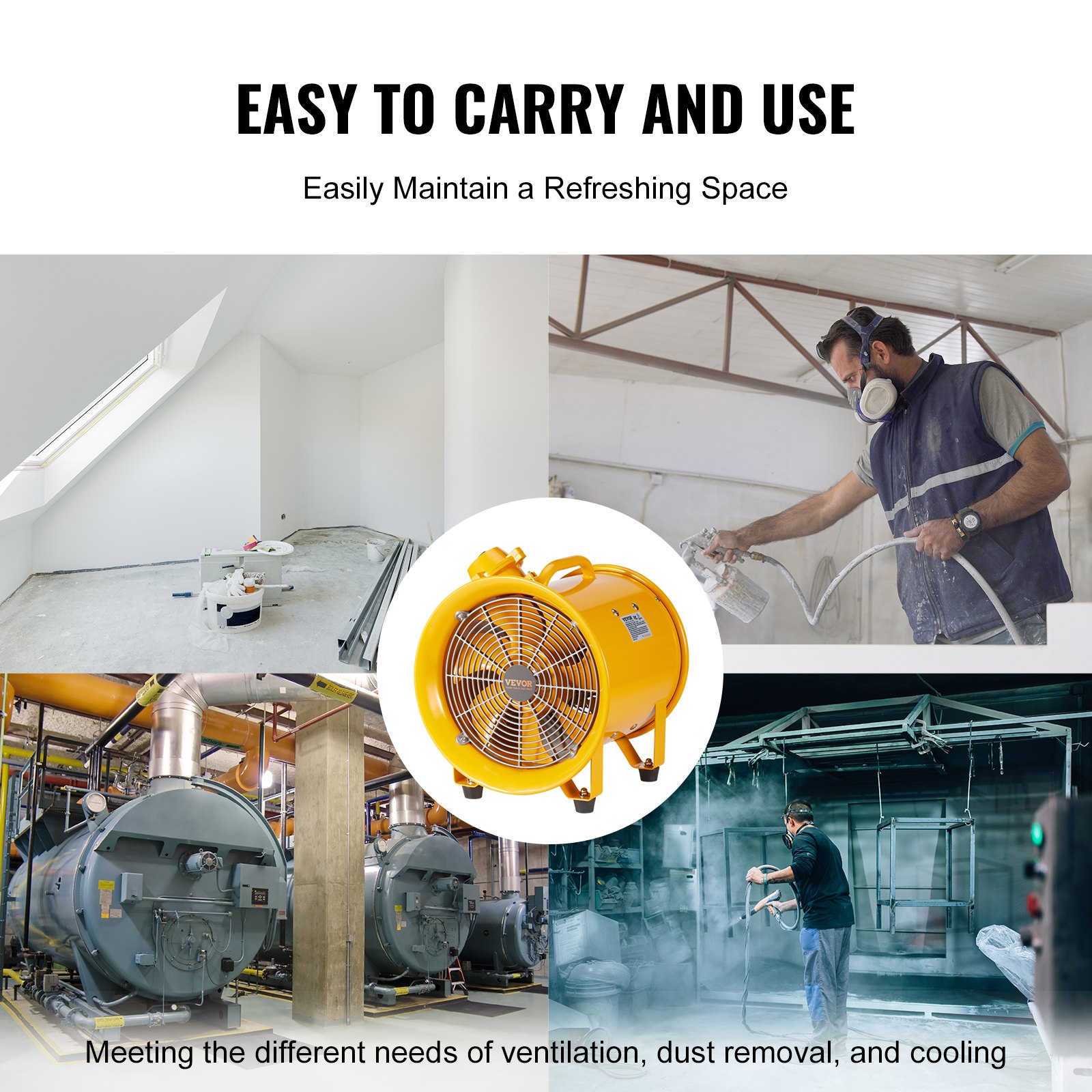 VEVOR Portable Ventilator, 304.8mm Heavy Duty Cylinder Fan, 500W Strong Shop Exhaust Fan 2500CFM, 3m Power Cord (No charging head), Industrial Utility Blower for Sucking Dust, Smoke Home/Workplace