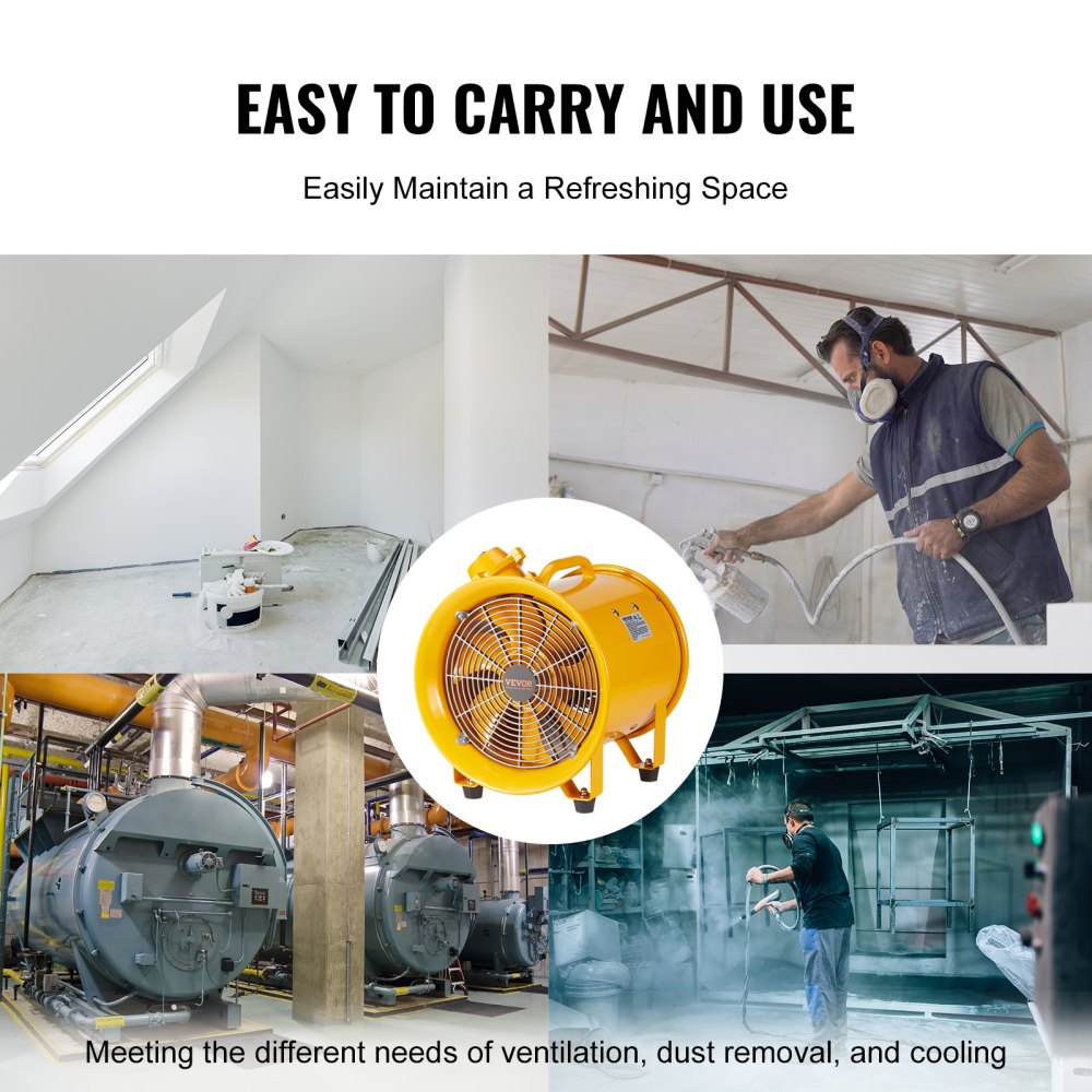 VEVOR Portable Ventilator, 304.8mm Heavy Duty Cylinder Fan, Strong Shop Exhaust Fan 2500CFM, 3m Power Cord (No charging head), Industrial Utility Blower for Sucking Dust, Smoke Home/Workplace