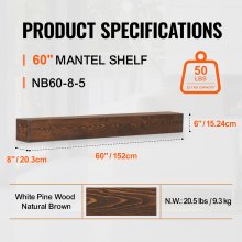 VEVOR Fireplace Mantel Wood Shelf Floating Rustic Mantel Shelf 60" Natural Brown