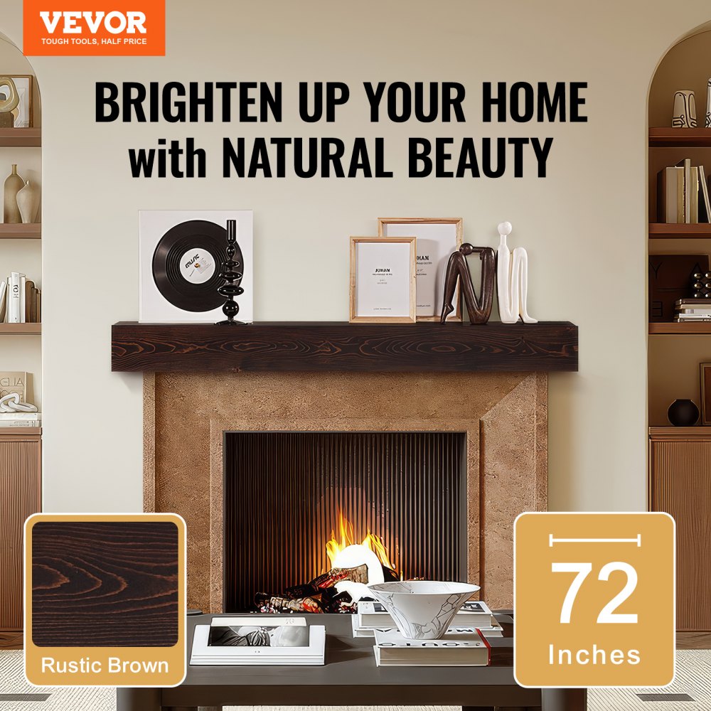 Repisa para chimenea VEVOR, 183,88 cm x 20,32 cm x 13,78 cm, capacidad de peso de 22,7 kg, repisa de madera natural para sobrechimenea, estante flotante de pared estilo rústico, repisa artesanal para decoración de pared, marrón rústico