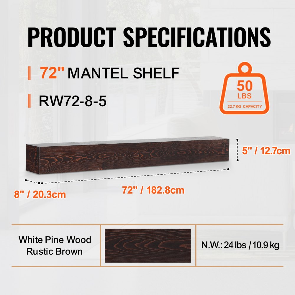 Repisa para chimenea VEVOR, 183,88 cm x 20,32 cm x 13,78 cm, capacidad de peso de 22,7 kg, repisa de madera natural para sobrechimenea, estante flotante de pared estilo rústico, repisa artesanal para decoración de pared, marrón rústico